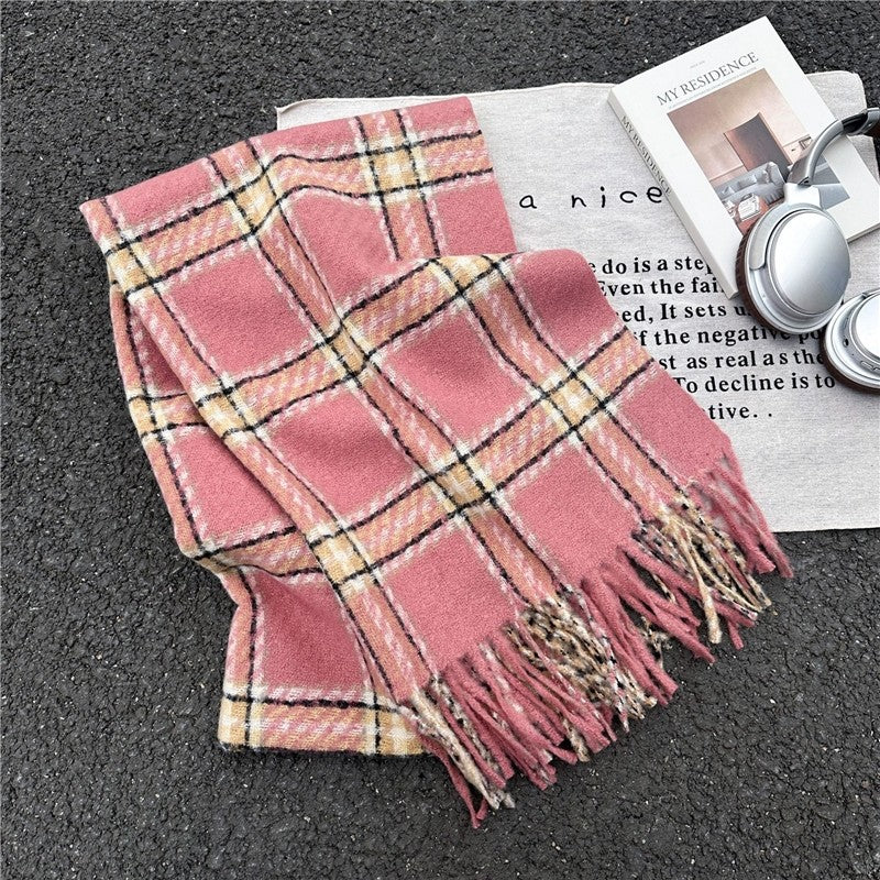 Color Block Plaid Fringe Scarf