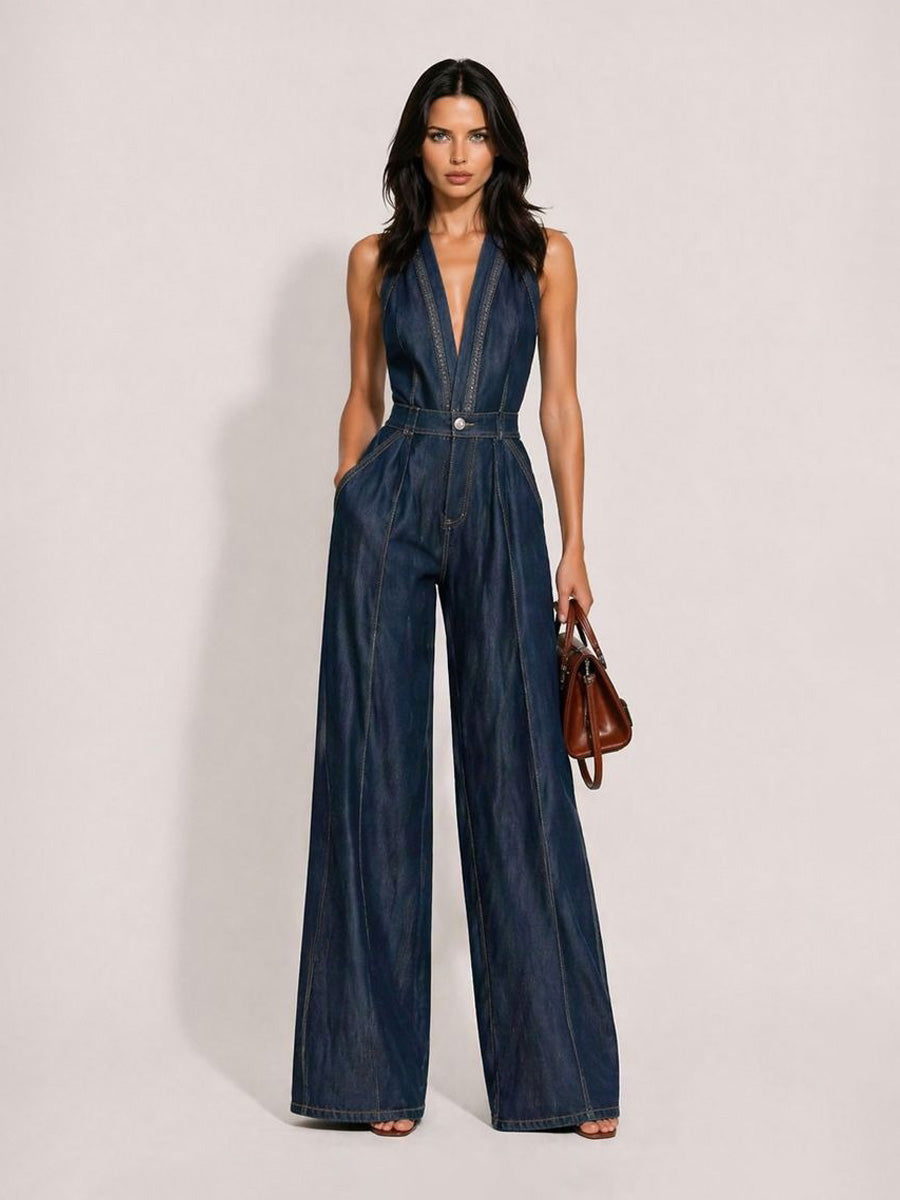 Clementine Casual Retro V-Neck Sleeveless Denim Jumpsuit