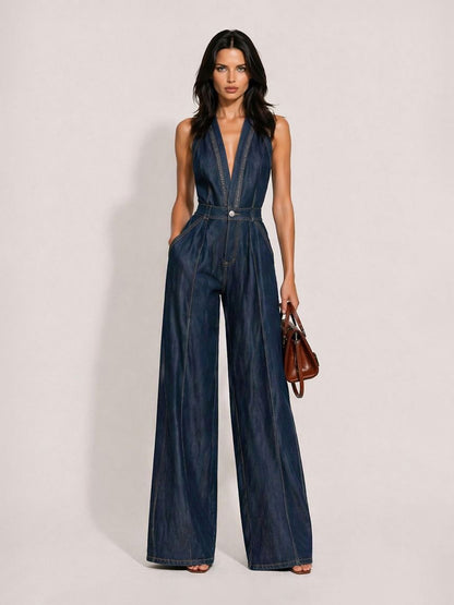 Clementine Casual Retro V-Neck Sleeveless Denim Jumpsuit