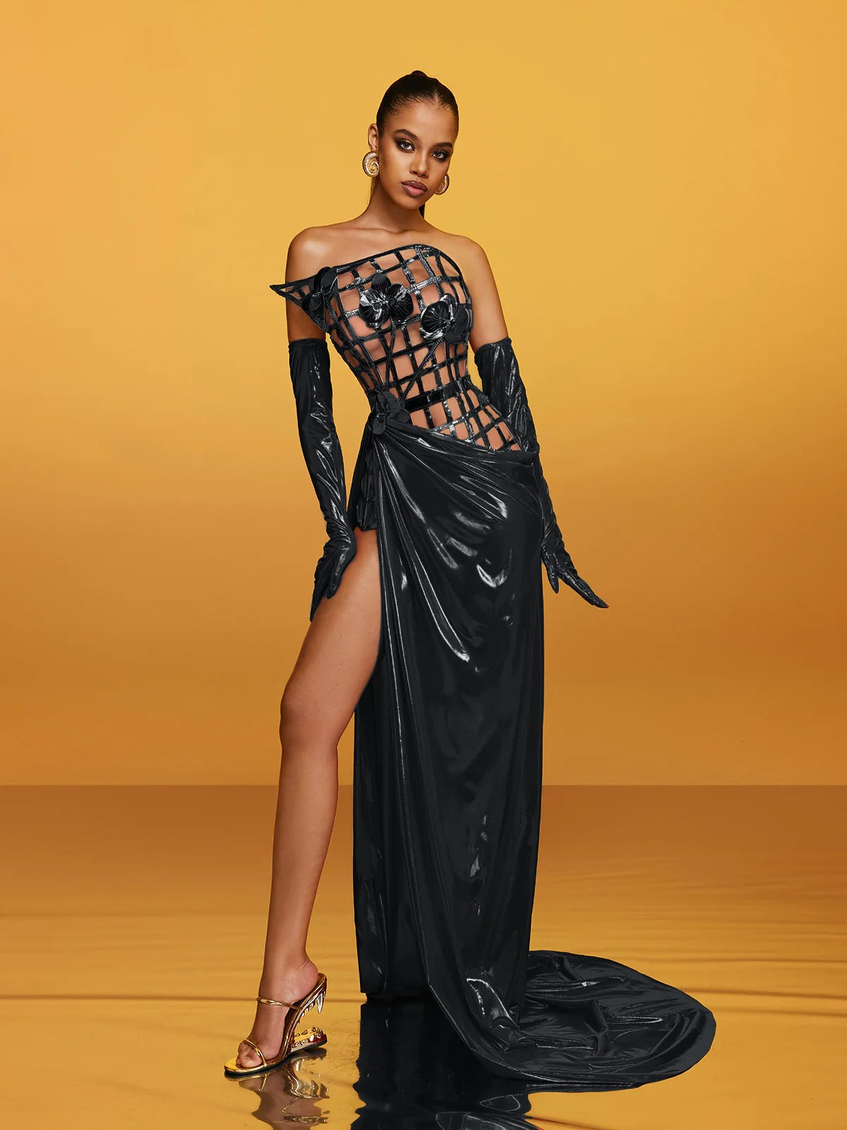 Aethon Strapless Metallic Flower Maxi Dress