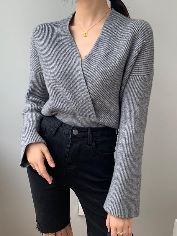 Stylish 6 Colors Knitting V-Neck Asymmetric Sweater