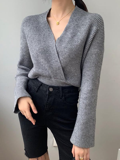 Stylish 6 Colors Knitting V-Neck Asymmetric Sweater