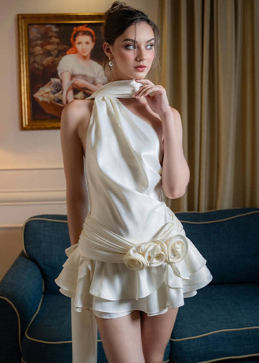 One Shoulder Satin Mini Dress with Layered Skirt