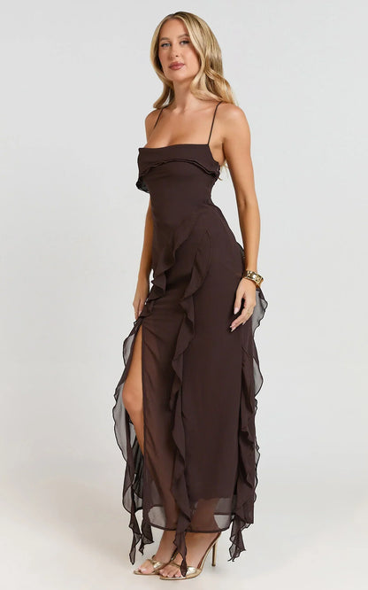 Connie Midi Dress - Ruffle Detail Dress in Chocolate