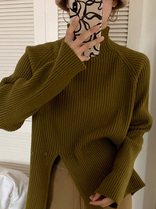 Urban Long Sleeves Split-Side Solid Color High-Neck Sweater Tops Pullovers