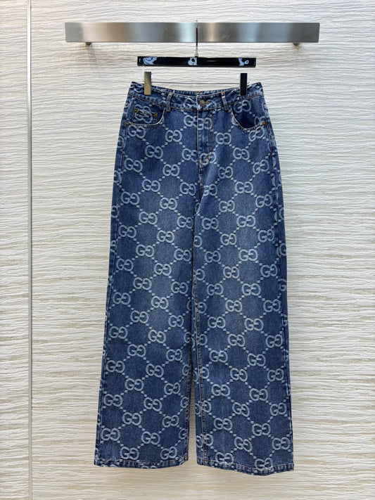 Gucci 2025 Logo Jacquard Straight Jeans Blue Cotton