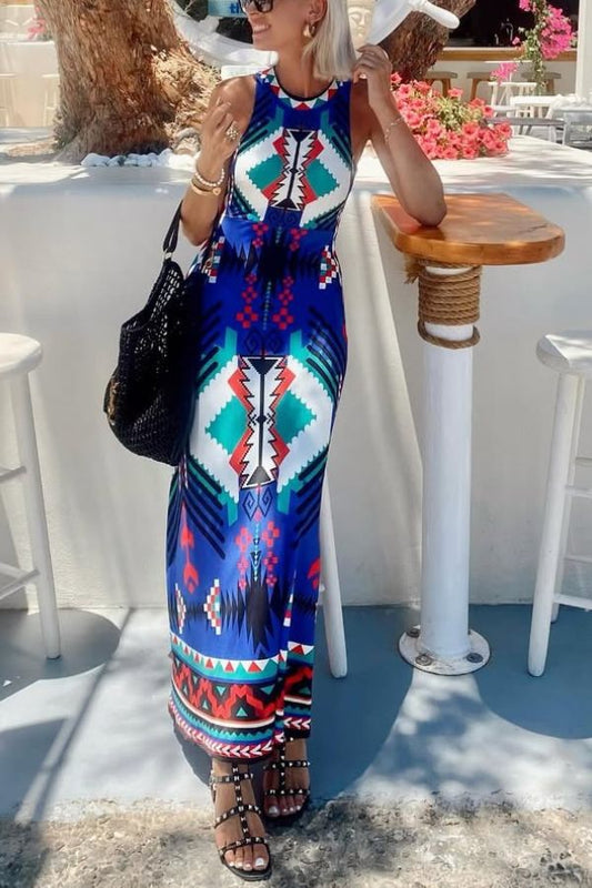 Unique Printed Round Neck Sleeveless Holiday Maxi Dress