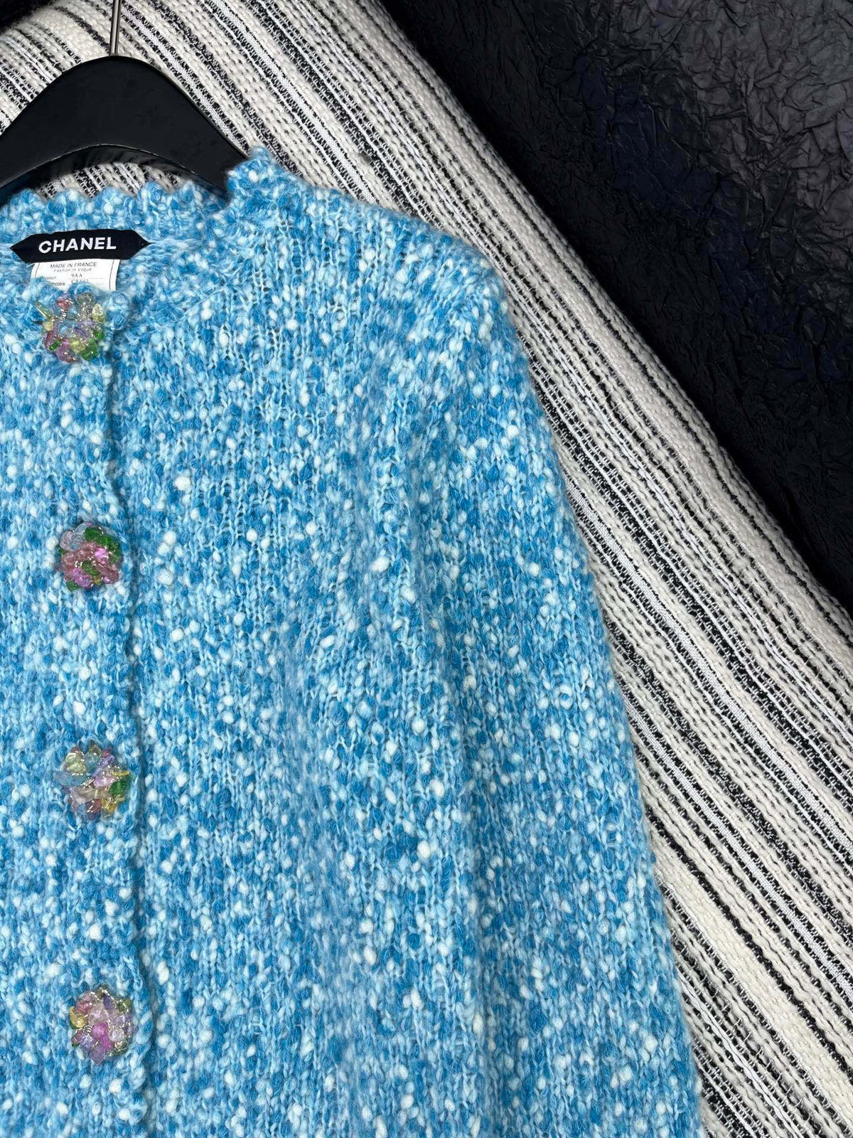 CC 2025 Jacket with Large Rhinestone Button Blue Wool 325884