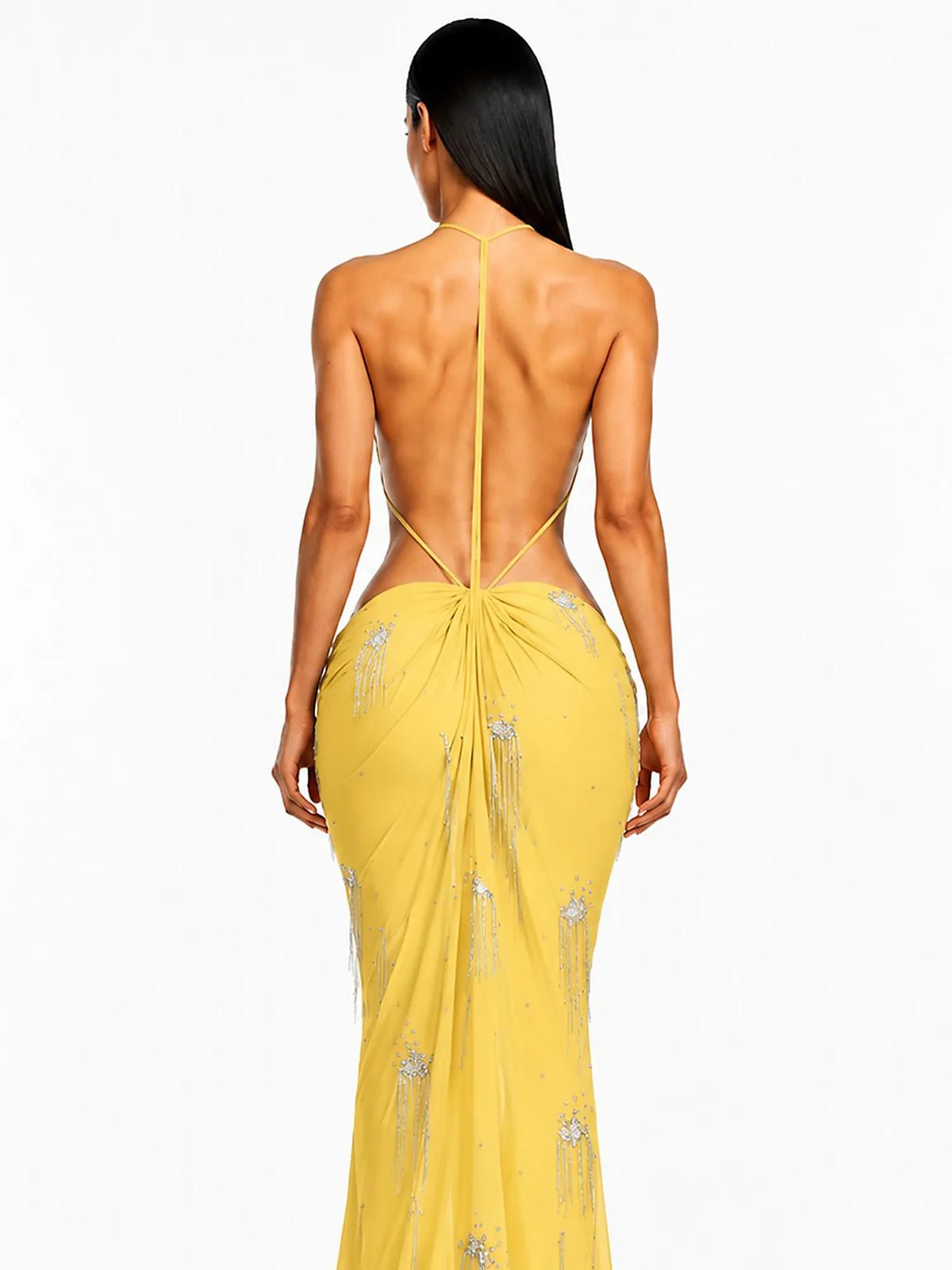 Sabrina Pleated Cut-Out Metallic Tassel Maxi Dress In Yellow