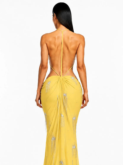 Sabrina Pleated Cut-Out Metallic Tassel Maxi Dress In Yellow