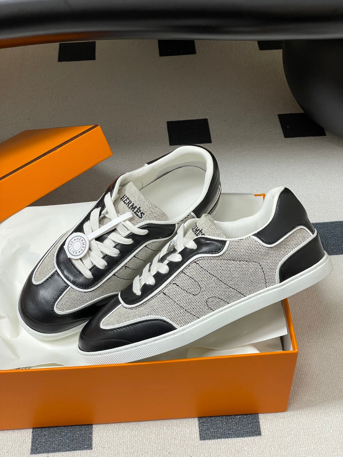 Hermes 26 Match Sneakers Black Gray in Calfskin 594336