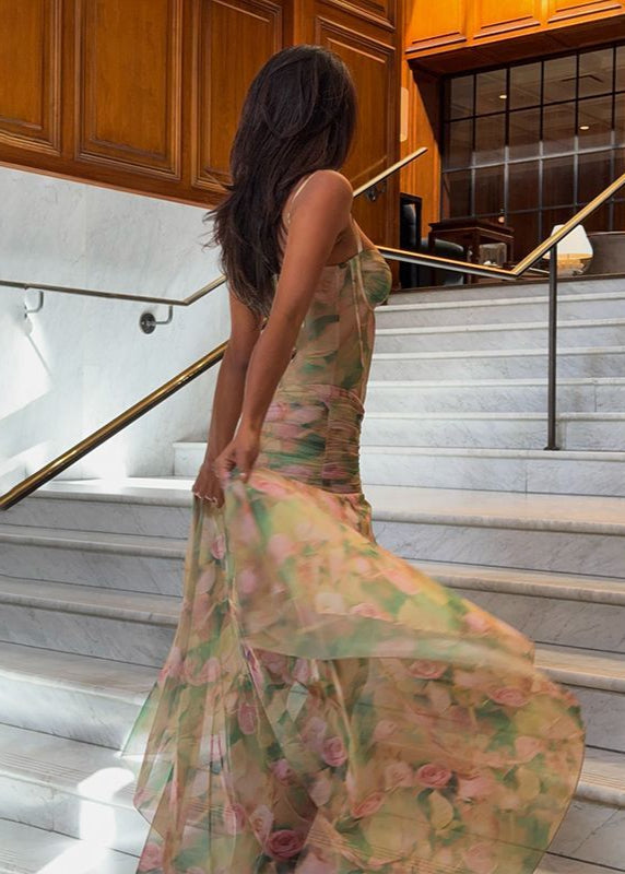 Floral Mesh Maxi Dress With Corset Boning