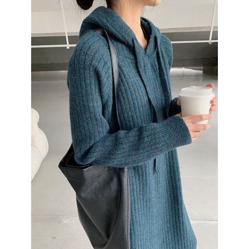 Simple Loose Long Sleeves Drawstring Solid Color Hooded Sweater Dresses