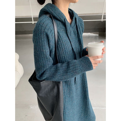 Simple Loose Long Sleeves Drawstring Solid Color Hooded Sweater Dresses