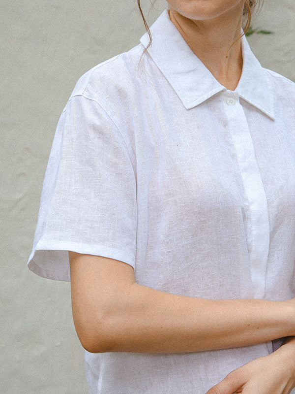 Loose Short Sleeves Buttoned Pleated Solid Color Split-Side Lapel Blouses&Shirts Tops