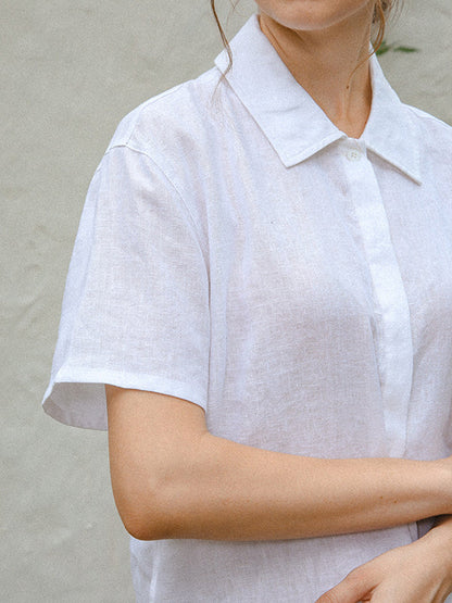 Loose Short Sleeves Buttoned Pleated Solid Color Split-Side Lapel Blouses&Shirts Tops