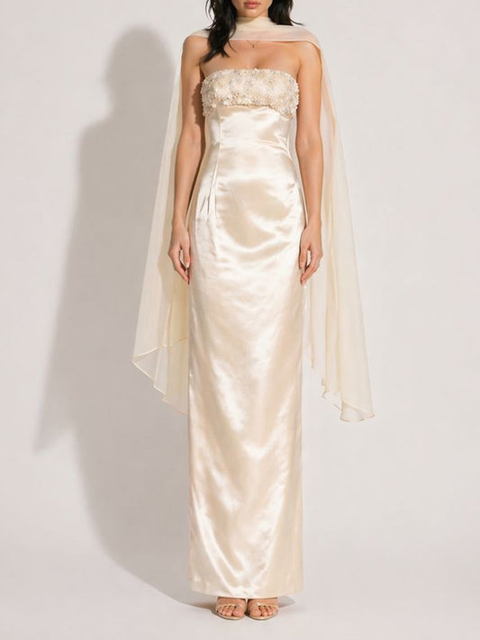 Liliana Strapless Sequin and Beaded Shawl Maxi Dress