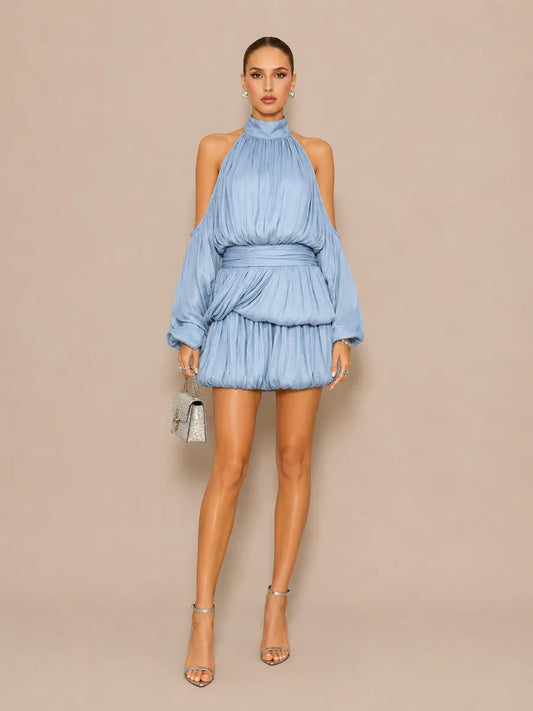 Iliana Elegant Off-Shoulder Lantern-Sleeve Mini Dress