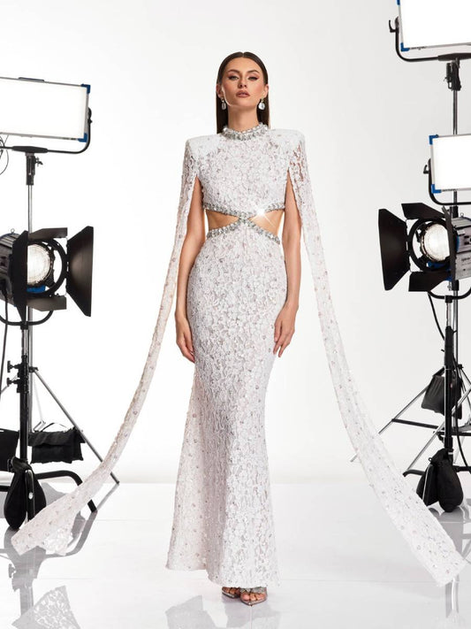 Savannah Cape Sleeve Rhinestone Cutout Maxi Dress