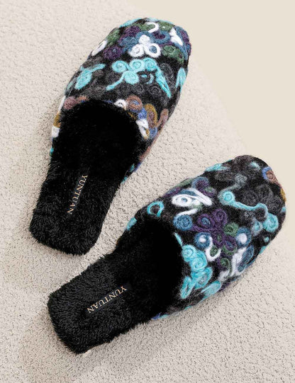 Flower Embroidery Soft Warm Plush Indoor Slippers