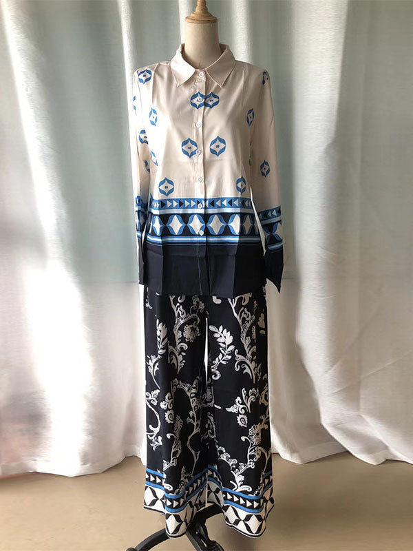 Loose Buttoned Long Sleeves Lapel Blouses & Printed Casual Pants Suits