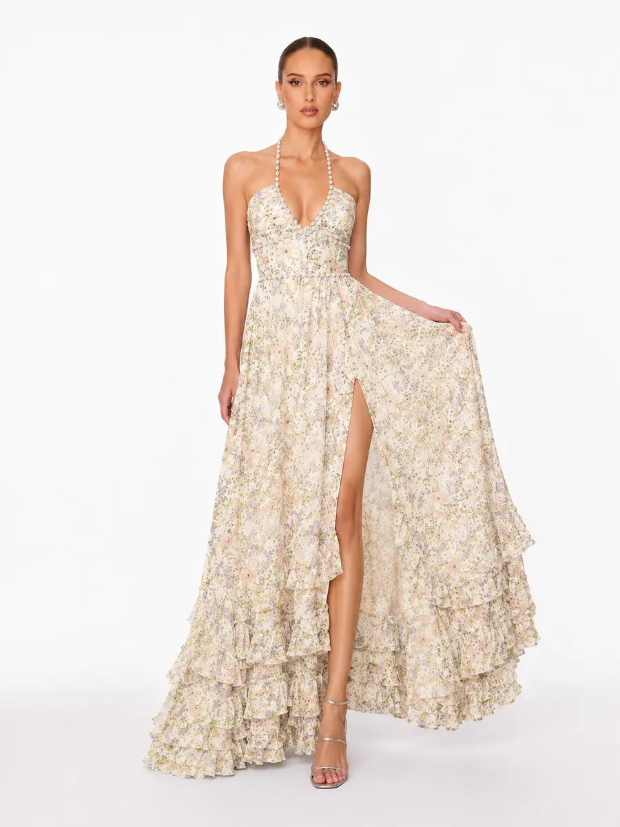 Anika Pearl-Embellished Halter-Neck Ruffled Slit Maxi Dress