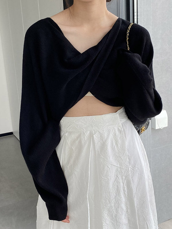 Batwing Sleeves Long Sleeves Knot Solid Color V-Neck Pullovers Sweater Tops