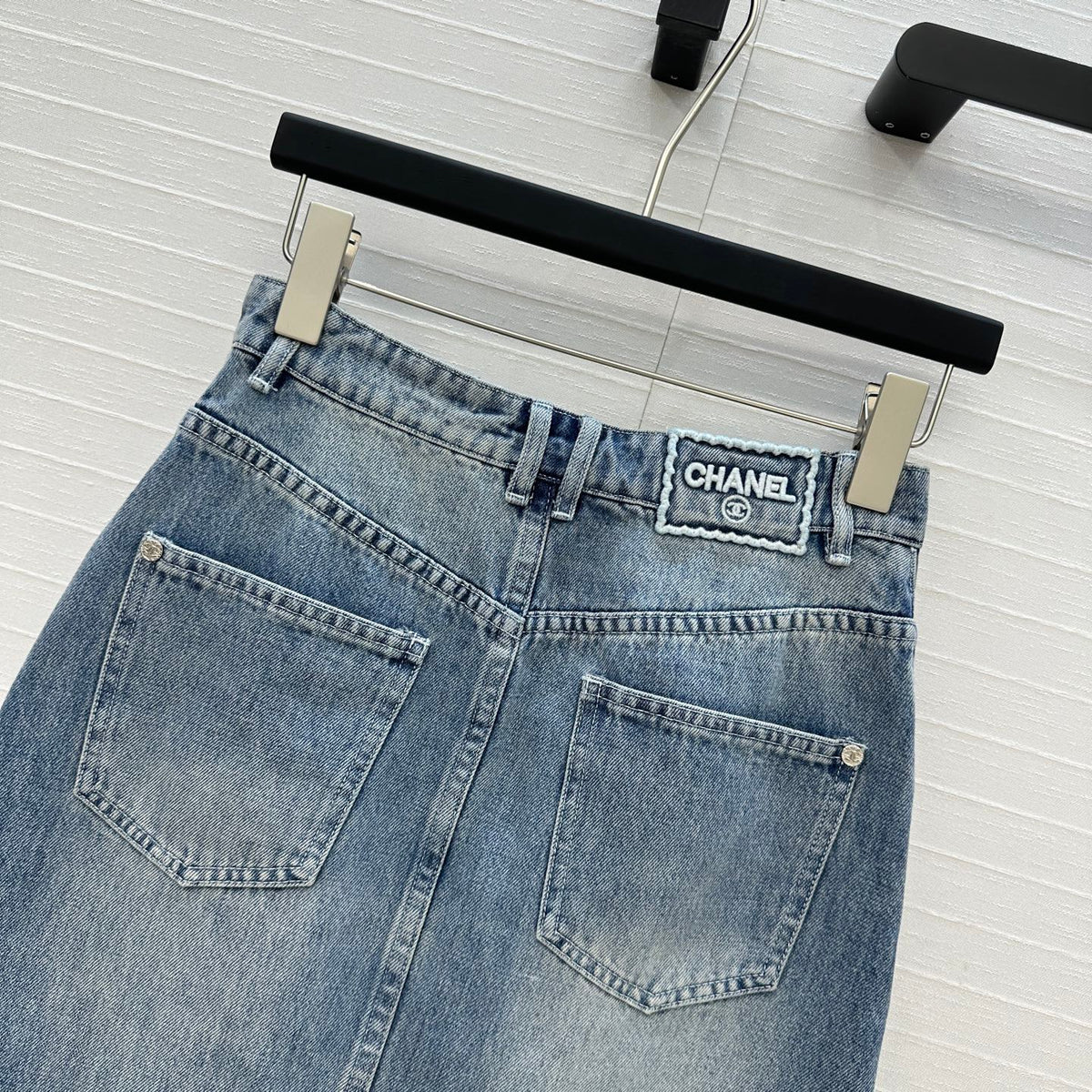 CC 25 Embroidered Midi Skirt Blue Denim Cotton