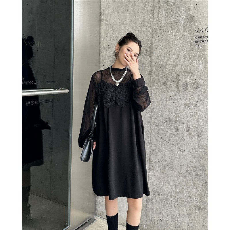Hollow-Out Lace & Mesh Paneled Dress - Loose Fit, Luxury Feel, Elegant Mid-Length Dress For Women
