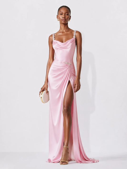 Raquel Rhinestone Satin Maxi Dress In Pink