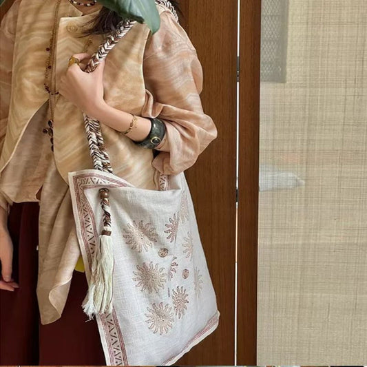Cosbai - Boho Square Tote Bag With Tassel