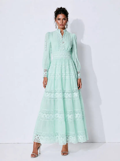 Camilla Lace-Panel Lantern-Sleeve Maxi Dress