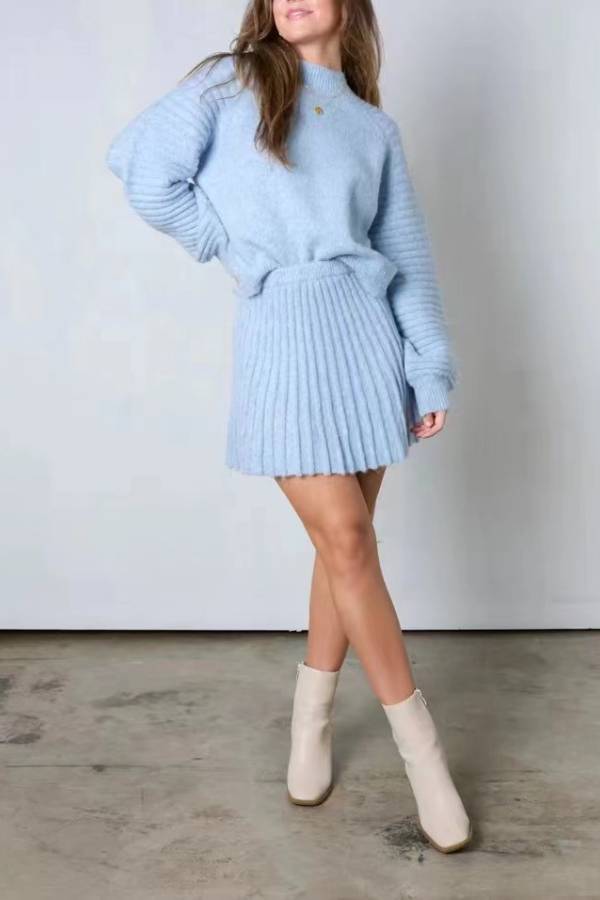 Knitted lantern sleeve skirt two-piece set