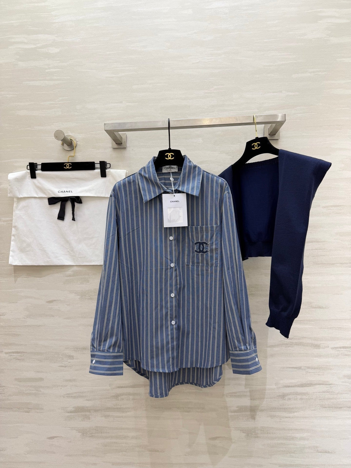 CC Striped Shirt & Knitted Shawl Blue White Cotton 344723