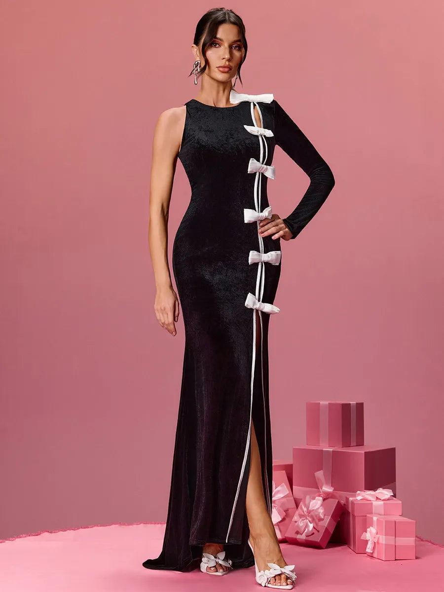 Lila One Shoulder Bow Velvet Maxi Dress