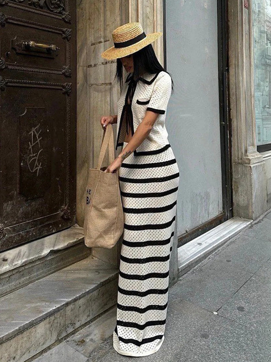 Simone Black and White Color-Block Knitted Beach Skirt Two-Piece Set