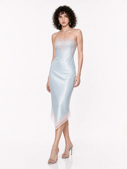 Nadira Color-Blocked Lace Strapless Midi Dress In Blue