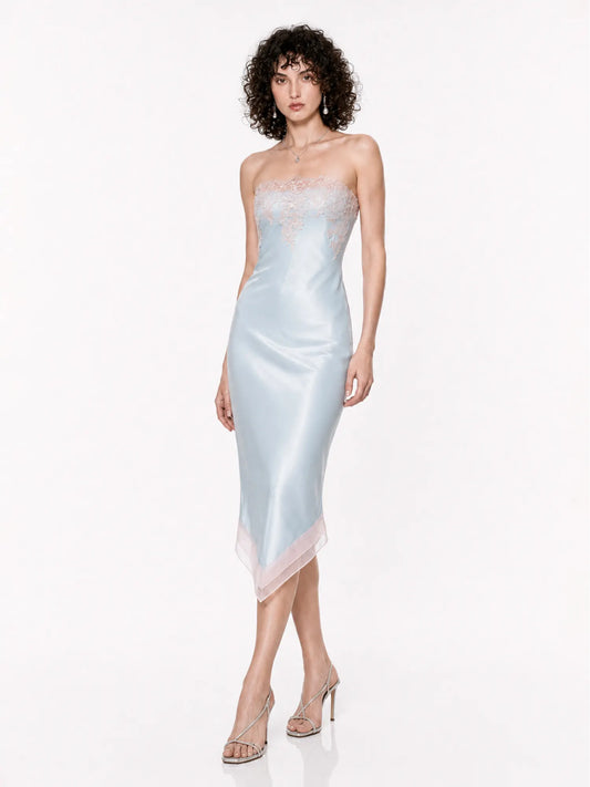 Nadira Color-Blocked Lace Strapless Midi Dress In Blue