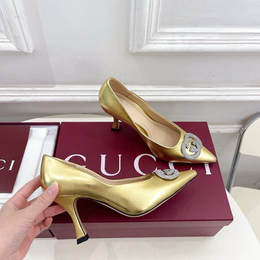 GG 26 High-Heeled 85 Pumps Gold Metallic Cowhide 587078