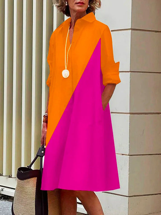 Contrast Lapel Midi Short Dresses Polyester Cotton