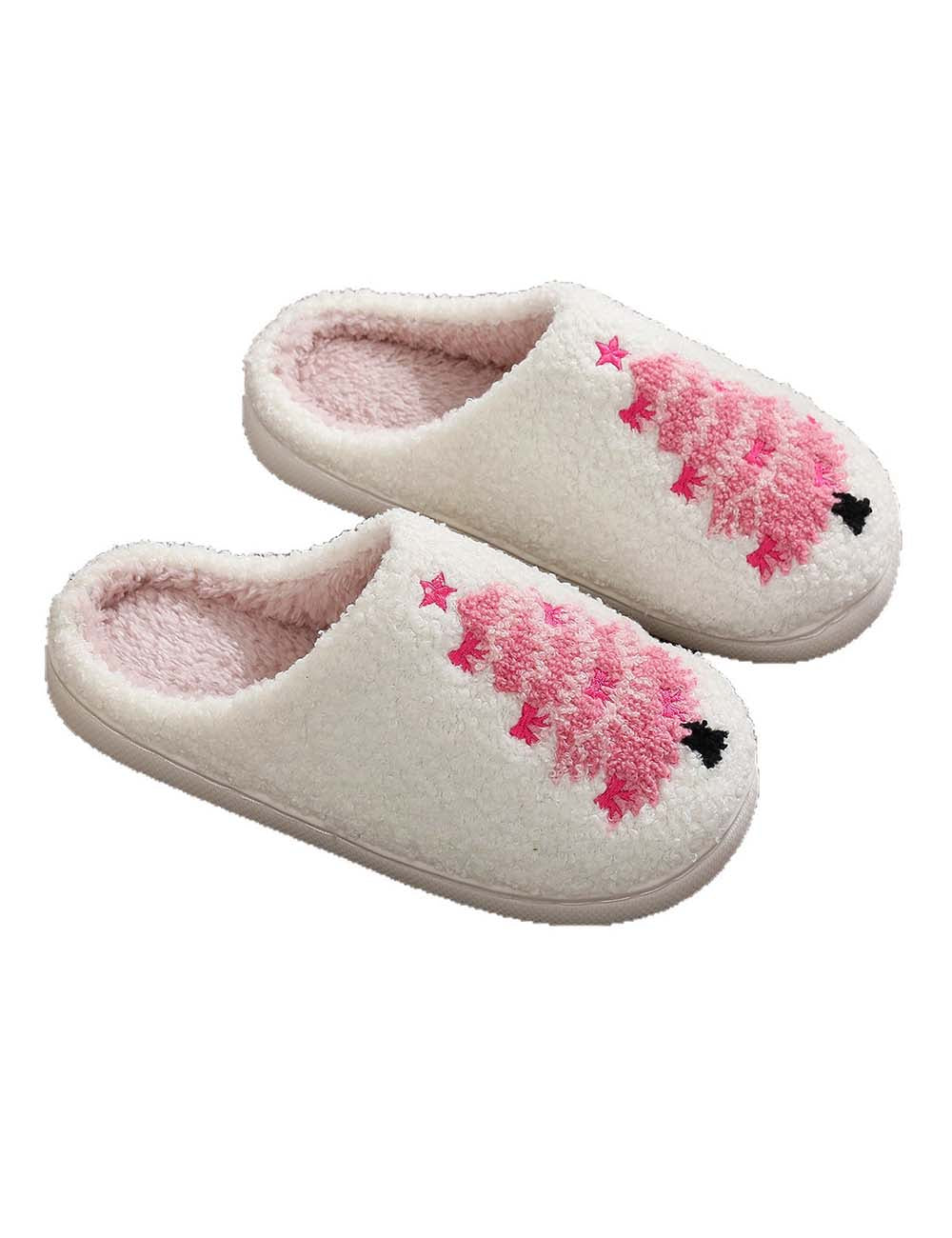 Pink Christmas Tree Print Plush Winter Slippers