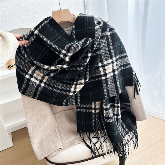 Color Block Plaid Fringe Scarf