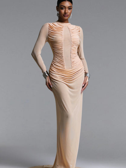 Naomi Ruched Mesh Long-Sleeve Maxi Dress