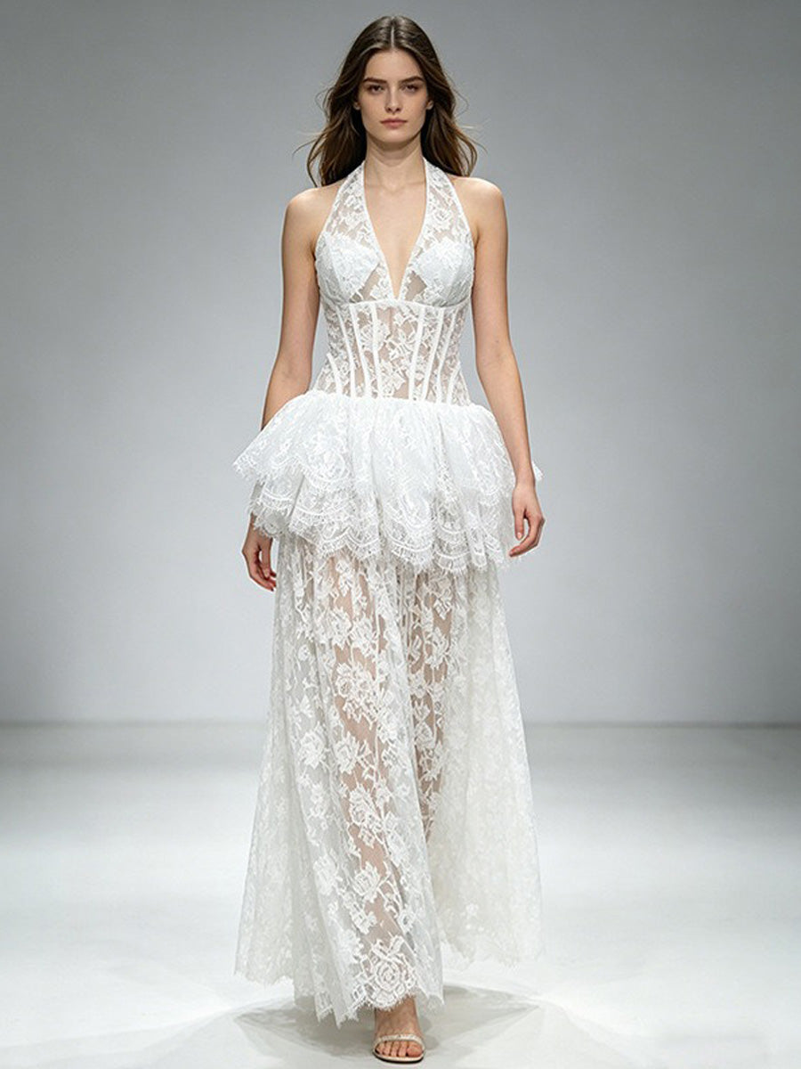 Jocelyn Lace-Panel Halter Maxi Dress