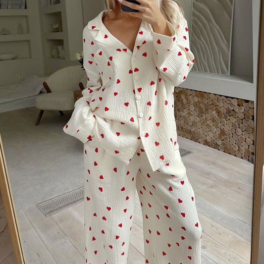 Heart Print Lounge Button Up Pajamas Set