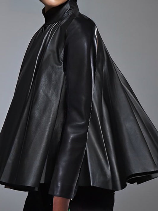 A-Line Long Sleeves Pleated Solid Color High Neck Blouses&Shirts Tops