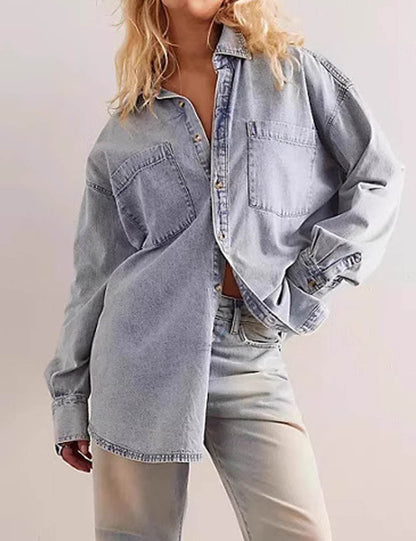 Vintage Lapel Collar Long Sleeve Denim Shirt
