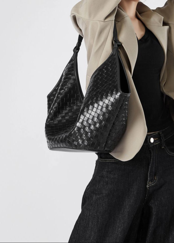Woven Leather Shoulder Hobo Bag Soft Cowhide