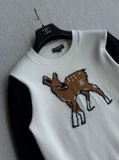 Chanel 25 Deer Print Sweater White mix Black Wool 318394