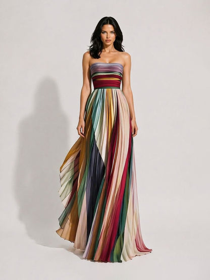 Aniya Elegant Waist-Cinching Pleated Printed Maxi Dress